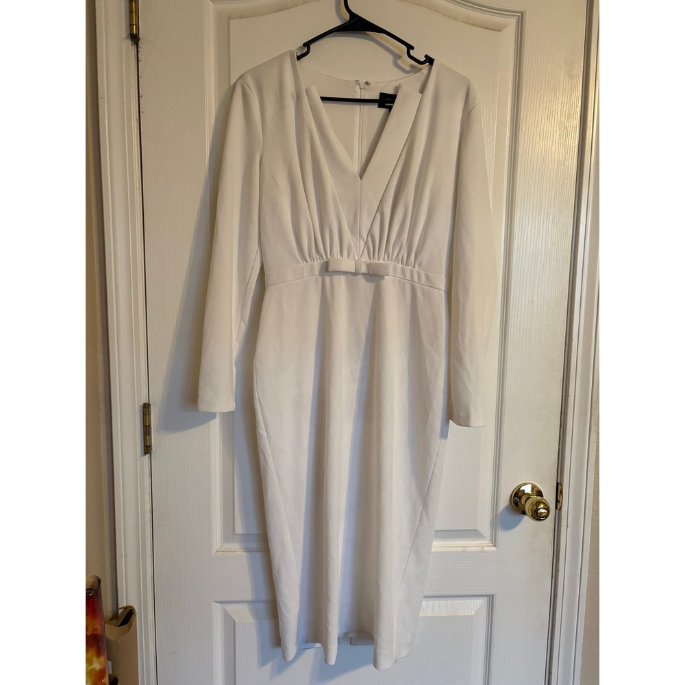 Alexia Admor Arleth White Long Sleeve Pleated Bow Sheath Midi Dress Size M D5022